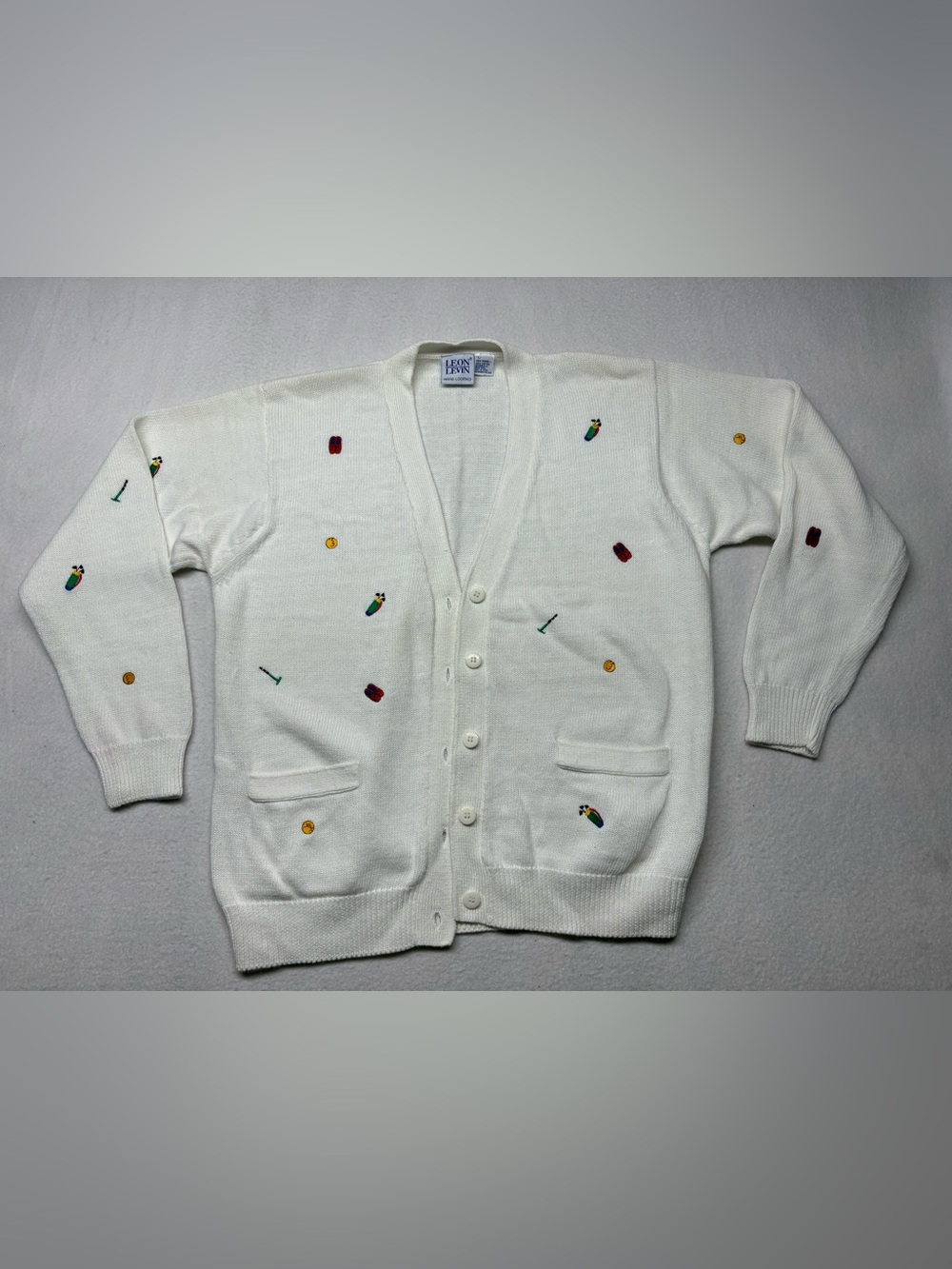 Vintage Leon Levin Golf Novelty Cardigan Sweater Large Hand Loomed Retro Preppy
